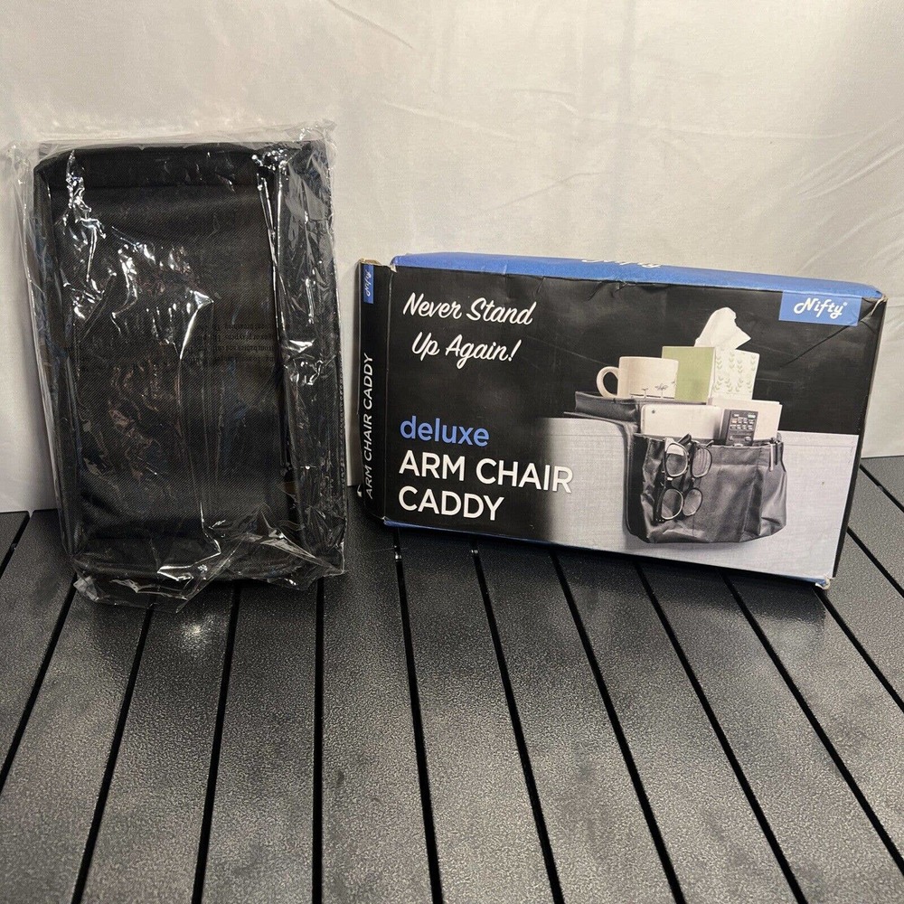 Nifty Deluxe Black Nylon Arm Chair Couch Caddy With Pockets & Tray — New